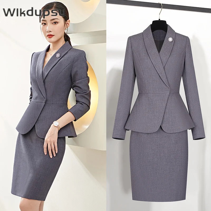 

Formal Skirt Suits For Women Office Lady Elegant Business Work Wear Two Piece Set Slim Fit Top Uniform Clothes Female Plus Size