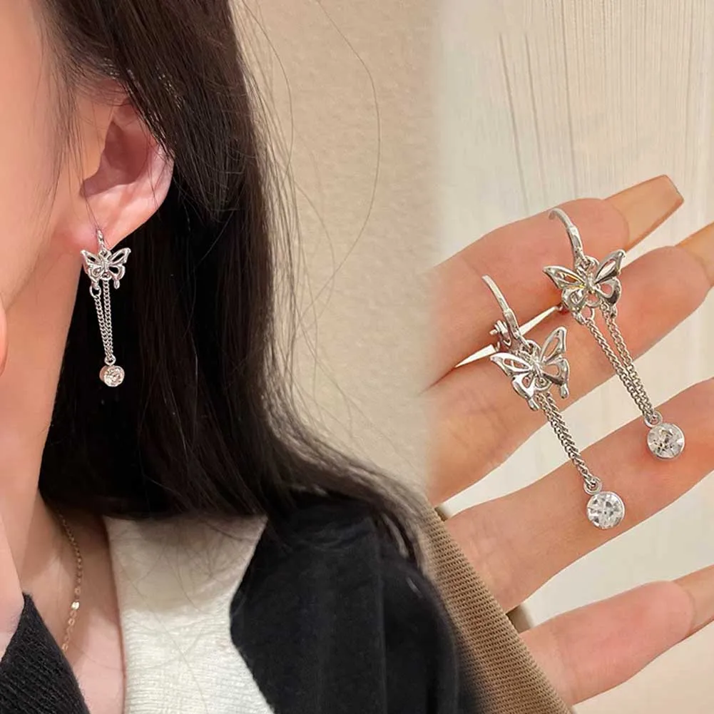 

Butterfly Ear Buckle Flash Zircon Tassel Chain Earrings Super Fairy Fashion Silver Color Jewelry Aretes De Mujer