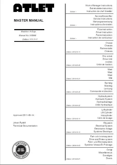 Детали и руководства по эксплуатации вилочных погрузчиков Atlet 2013