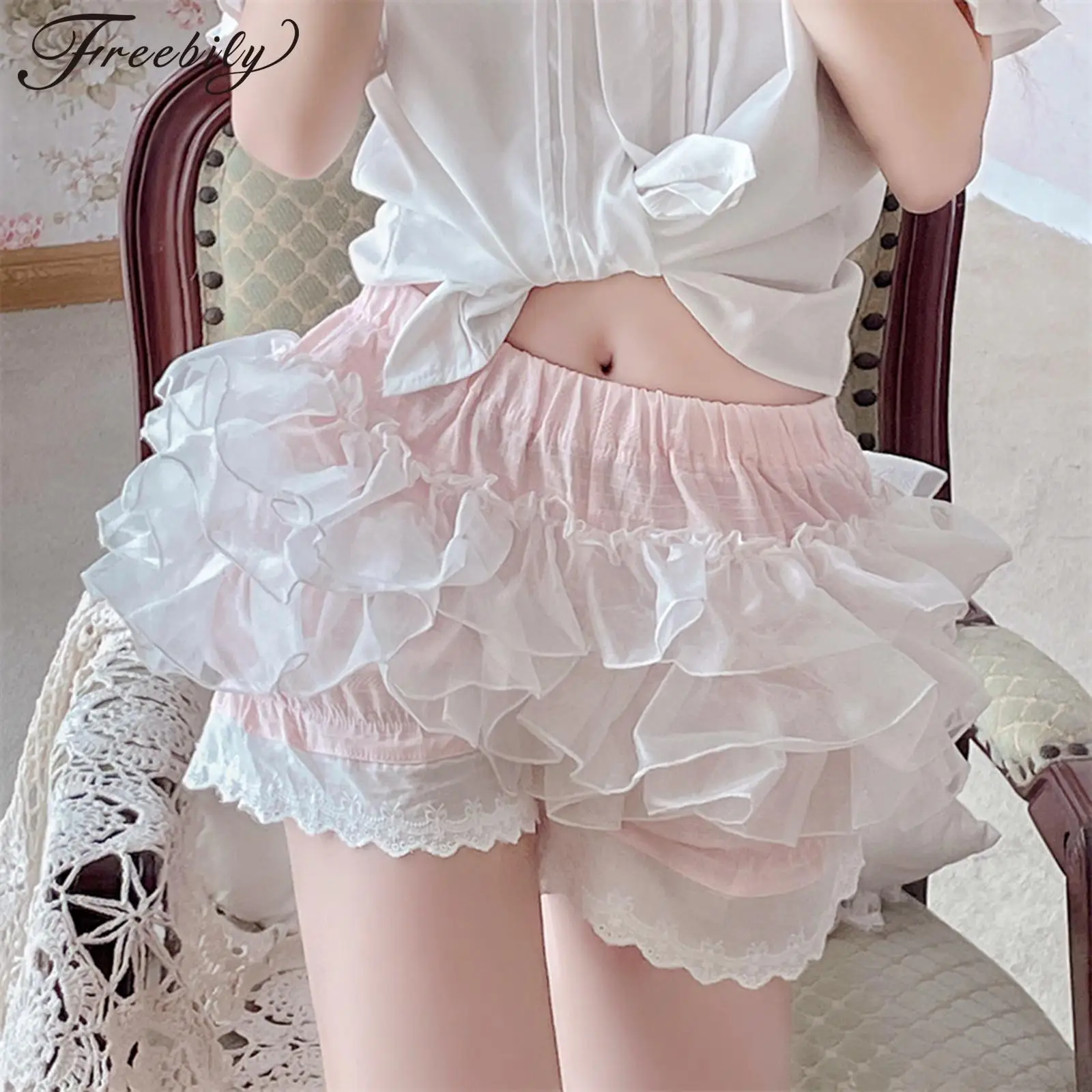 

Womens Maid Cosplay Costume Tiered Ruffled Bloomers Shorts Lace Trim Culottes Halloween Victorian Cosplay Party Masquerade Party