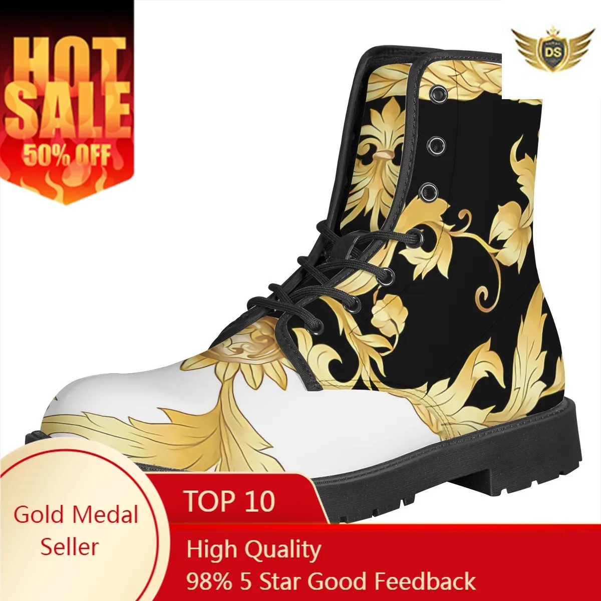 

Fashion Brand Motorcycle Boots for Women Autumn Round Toe Ankle Boots Luxury Baroque Rococo Flower Print Boot