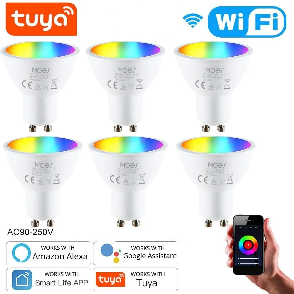 

Умные светодиодные лампы Tuya Wi-Fi GU10, приглушаемые светильники RGBW 5 Вт, с управлением через приложение, с голосовым управлением, с помощью Alexa Google Home