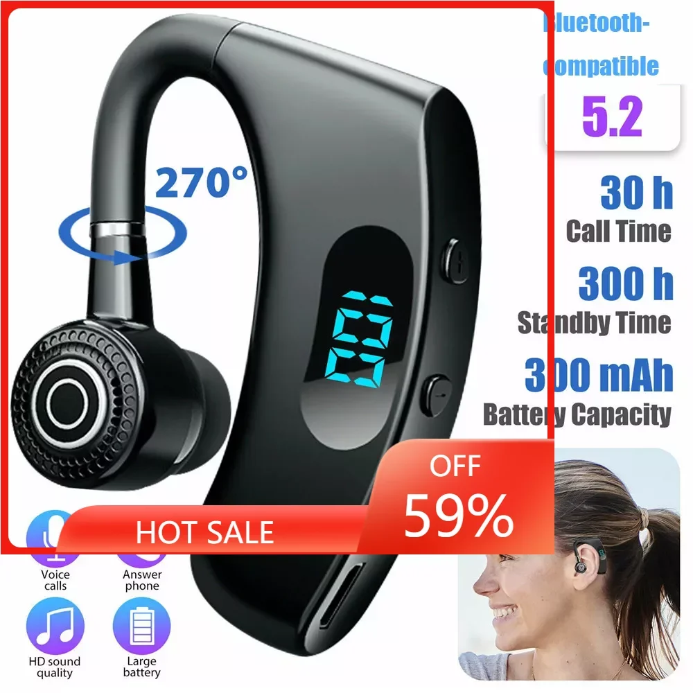 

V12 Wireless Headsets LED Display Long Standby Time Headphones Stereo BT 5.2 Stereo Earhook Earphones for Business