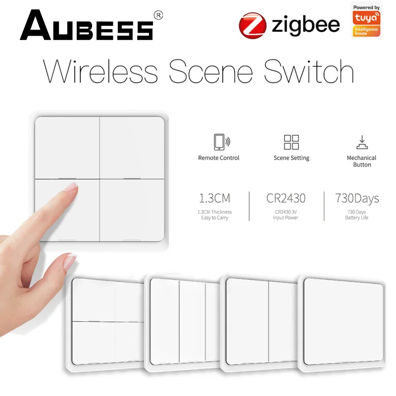 

Умный ZigBee коммутатор Aubess, 4 клавиши, 12 сцен, работает с приложением Tuya для автоматизации умного дома