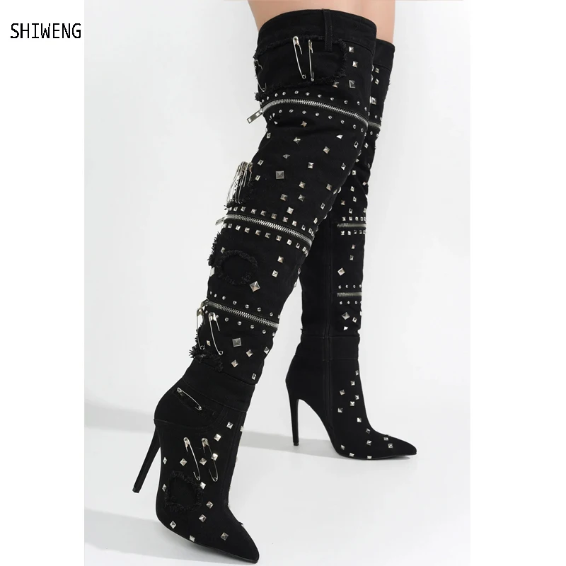 

Женские сапоги 2024 Новинка Высокий каблук пряные женские мотоциклетные сапоги на высоком каблуке украшение на молнии Сапоги выше колена модные длинные сапоги