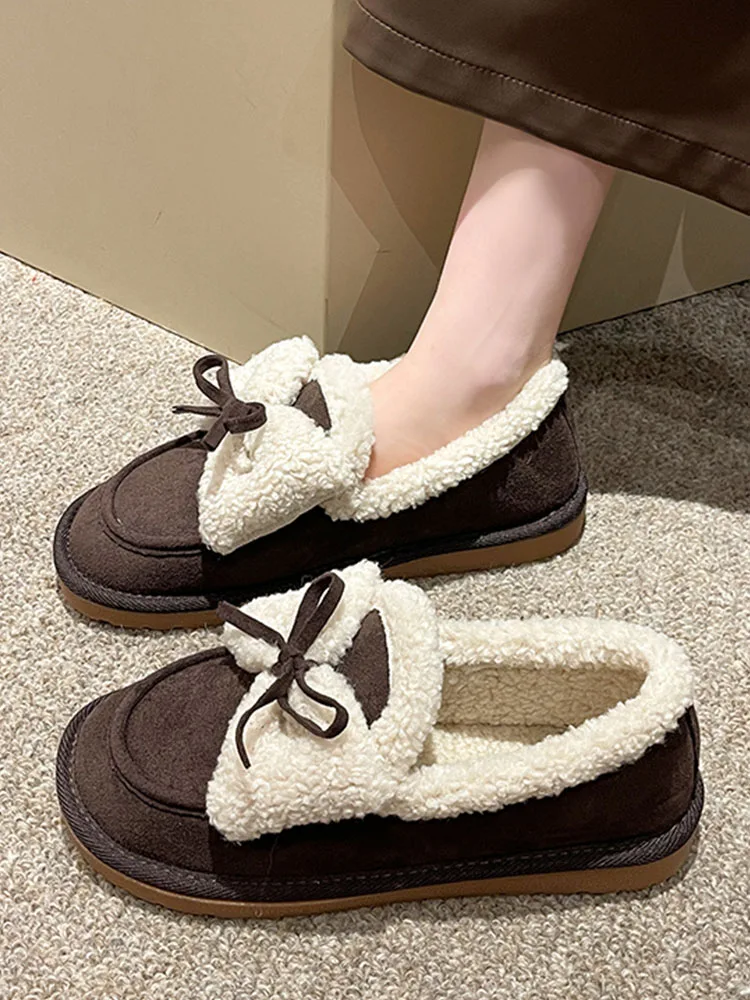 

Casual Woman Shoe Round Toe Loafers Fur All-Match Autumn Female Footwear Shallow Mouth Fall Dress Moccasin Winter New Lace-Up Sl