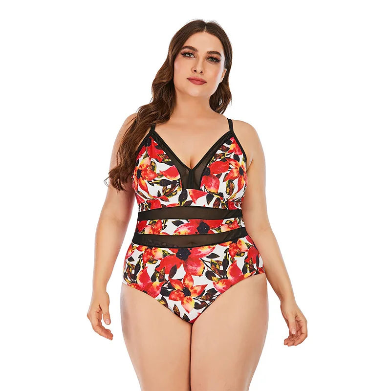 

New Sexy Plus Size Mesh Stitched Women's Swimsuit Printed One-piece Sexy High Elastic Small Fresh Conservative Swimsuit