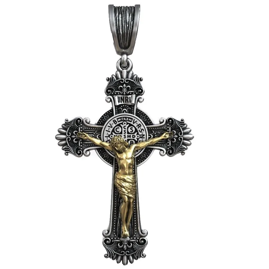 

Crucifix Jesus Cross Catholic Medal Saint Benedict Ring 925 SOLID STERLING Silver High Trendy