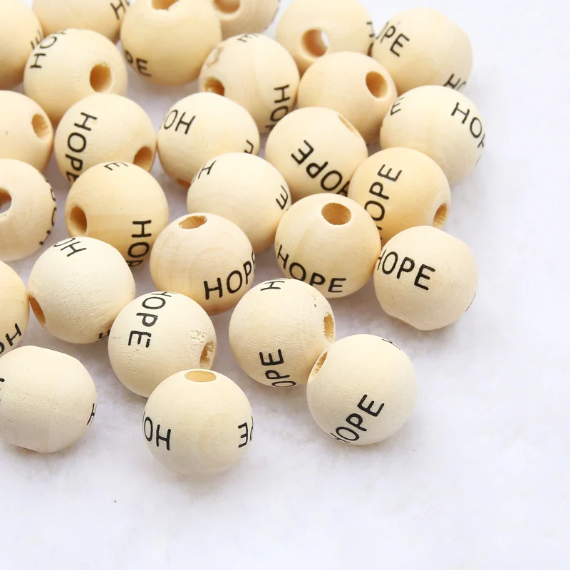 Черные бусины с надписью HOPE цвет натурального дерева 16 мм круглый шарик
