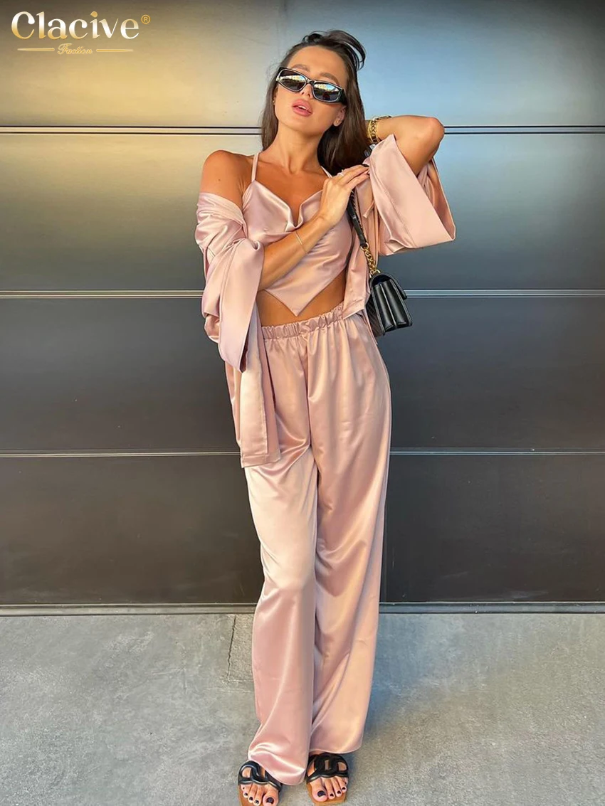 

Clacive Fashion Pink Satin 3 Piece Sets Women Outfit 2023 Elegant Long Sleeve Shirts + Halter Tank Top With High Waist Pants Set
