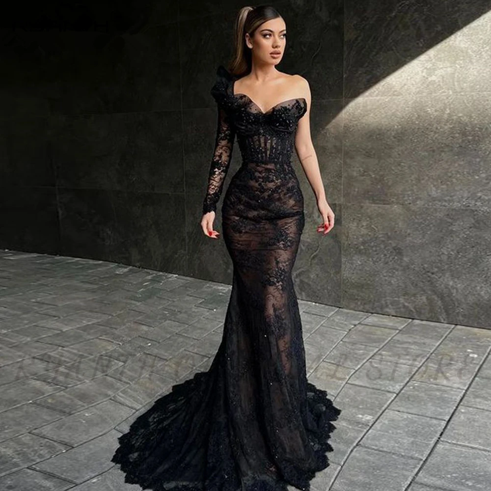 

Ryanth Elegant Long Black Mermaid Prom Dress One Sleeve Sweetheart Lace Evening Gowns Party Graduation Dresses Vestido De Noche