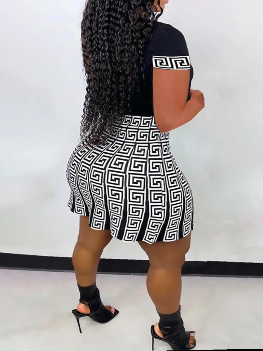LW Plus Size Mini Skirt Set Outfits Letter Geometric Print Skirt Set Short Sleeves Skirts 2 Pcs Set Sexy Slim Summer dress