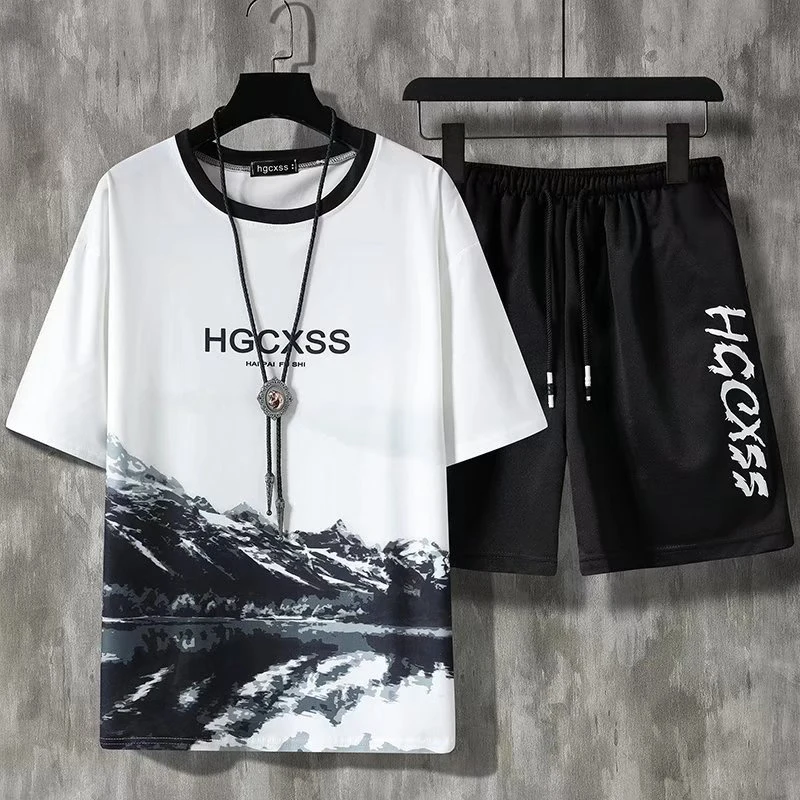 Summer Tracksuit Men Fashion Harajuku Print Short Sleeve 2 Piece Set Casual Mens Outfit Set Breathable TShirt And Sweatpants Set