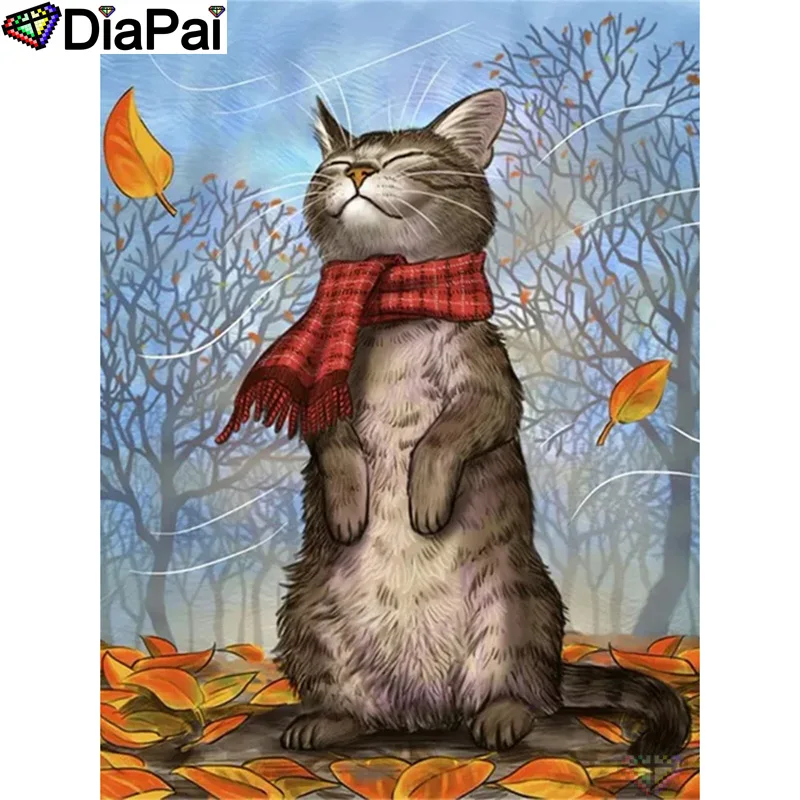 

DIAPAI Paint With Diamond Embroidery "Animal Cat" Diamond Painting Full Square Round Picture Of Rhinestone Decor