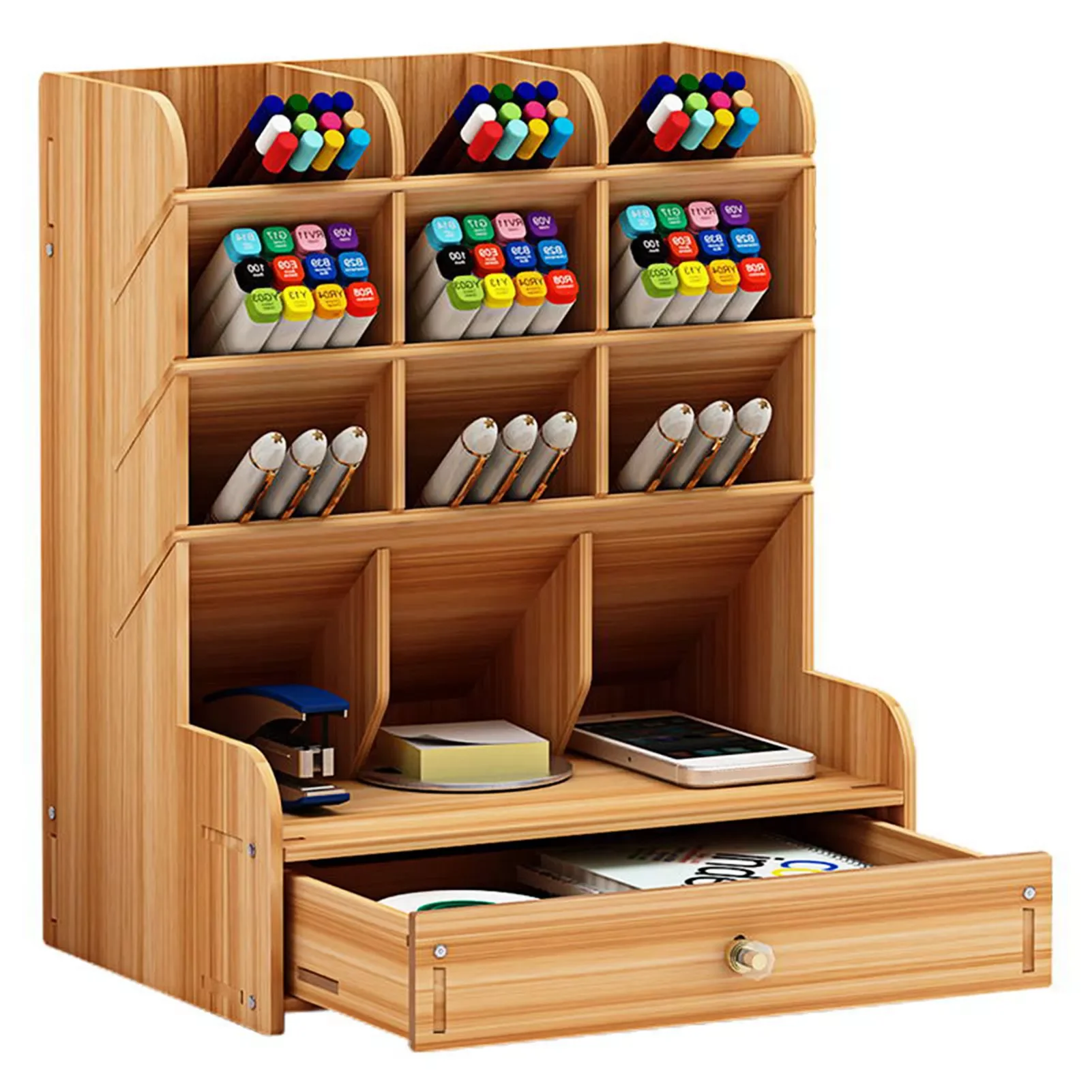 Wooden Desktop Organizer Multi-functional Pen Holder Storage Box Desktop Stationary Storage Organizer with Drawer for Office
