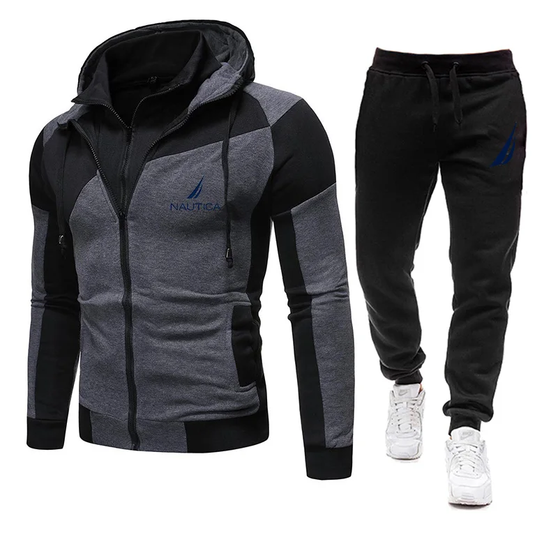 Brand New Nautica Autumn and Winter Fashion Jacket Set Men's Printed Casual Double Zipper Handsome Jogging Fitness Sportswear
