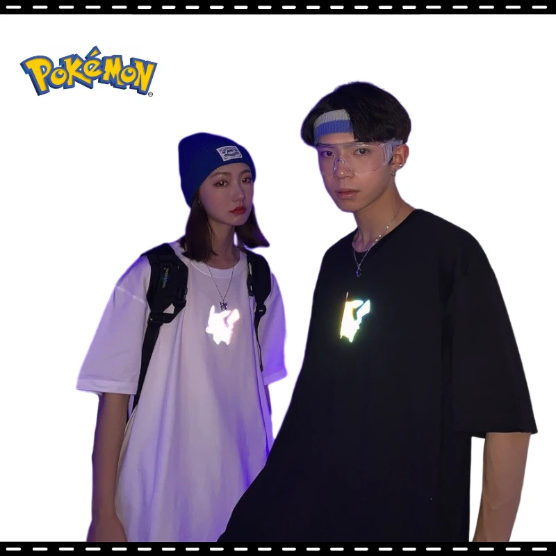 

Anime Peripherals Pokemon Pikachu Cotton Summer Printing Short Sleeve T-Shirt Reflective Couples Fashion Loose Clothes Gifts