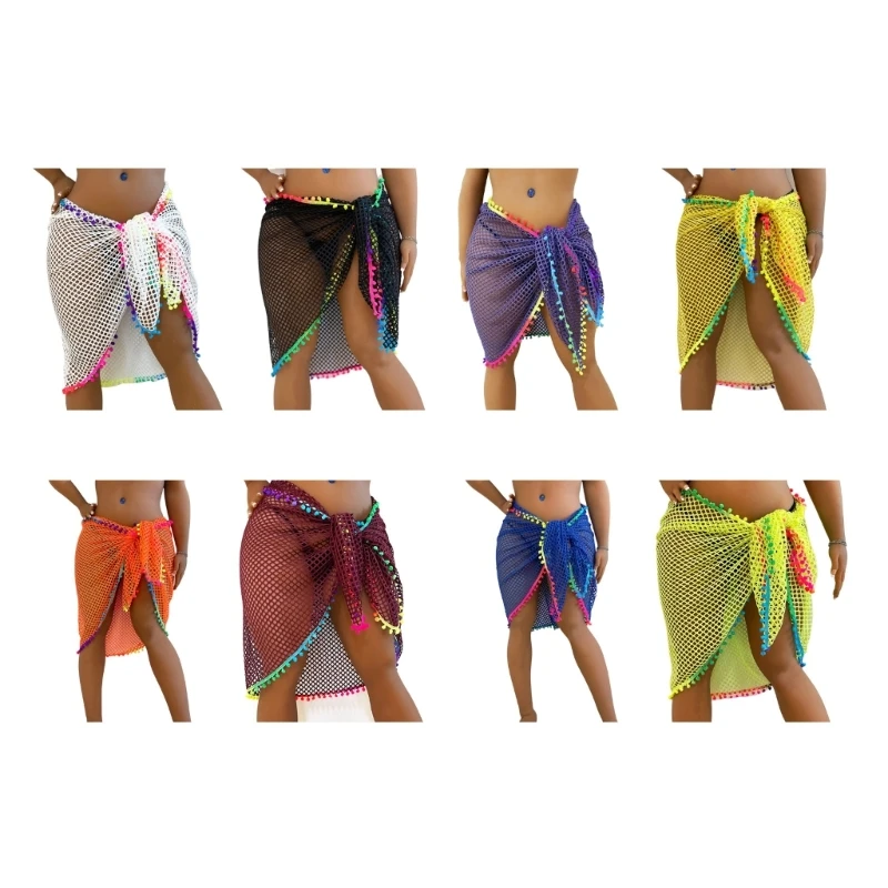 

Beach Sarong Pareo-Womens Semi-Sheer Swimwear Cover-Ups Side Tie Wrap Short Skirt with Colorful Tassels for Swimwear
