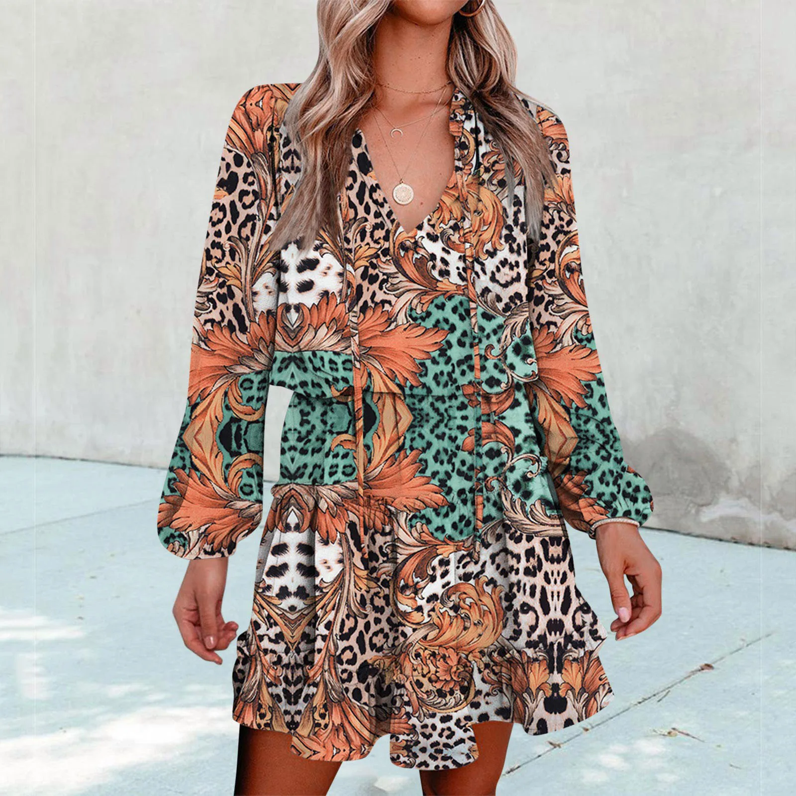 

Womens Autumn V Neck Ruffle Chiffon Elegant Mini Short Swing Skater Dresses Sunday Dress for Women