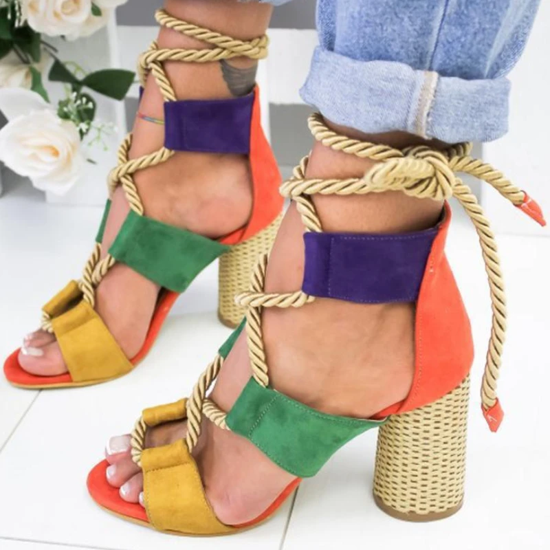 

Fish Mouth Colorblock Sandals Women Shoes Summer 2022 Rome Plus Size Chunky Heel Large Size High Heels Sandalias Mujer Comodas