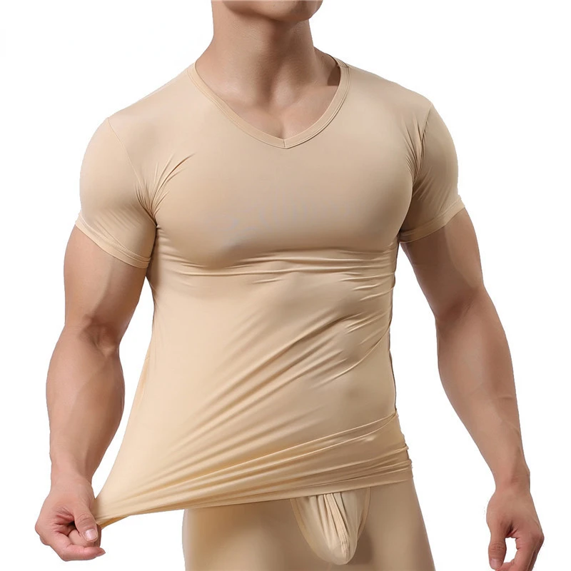

Man Undershirt Ice Silk Spandex Sheer T Shirts Male Nylon V-neck Short Sleeves Tops Ultra-thin Cool Thermal Sleepwear Undershirt