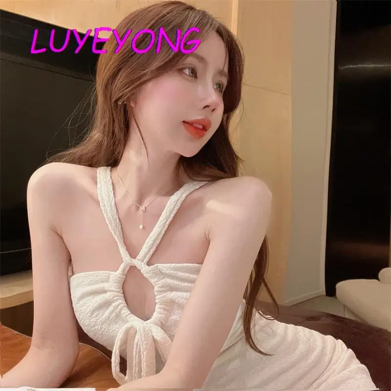 

Mujer Vestido Korean Fashion Black White Lady Sexy Halter Mini Dress 2022 Summer Female Hollow out Backless Sleeveless Dresses