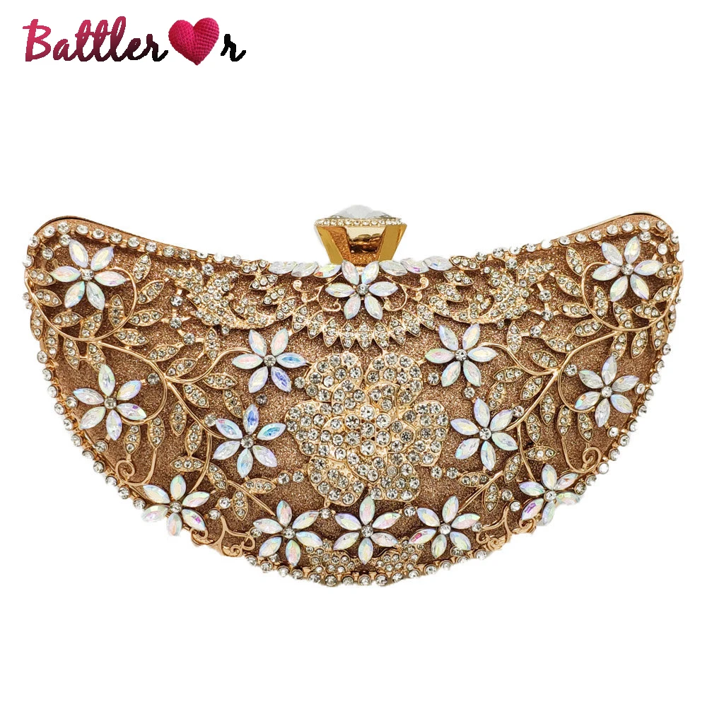 

Diamonds Moon Shape Metal Evening Bag For Women Luxury Chain Shoulder Messenger Purses Bling Bridal Prom Flaps For Party Wedding