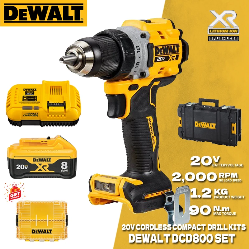 DEWALT Cordless Drill Driver Kits 20V Lithium Battery Brushless Motor Rechargeable Drill Power Tool DCD800 DCBP520 DCBP034