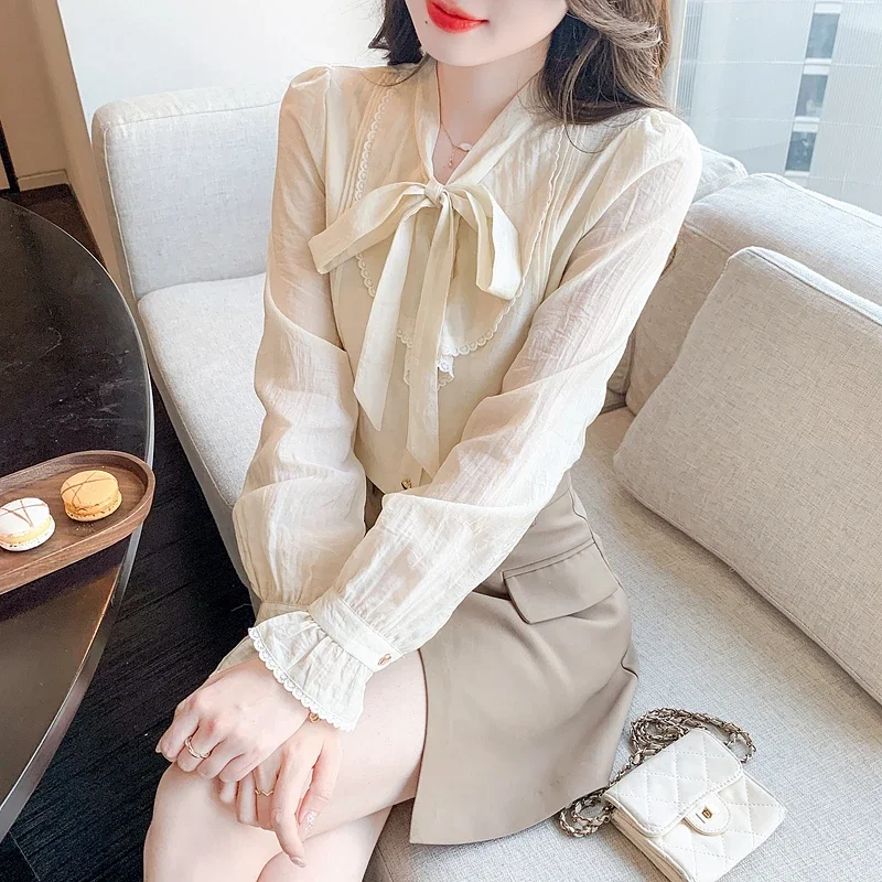 Модная офисная женская рубашка с длинным рукавом и бантом шифоновая блузка