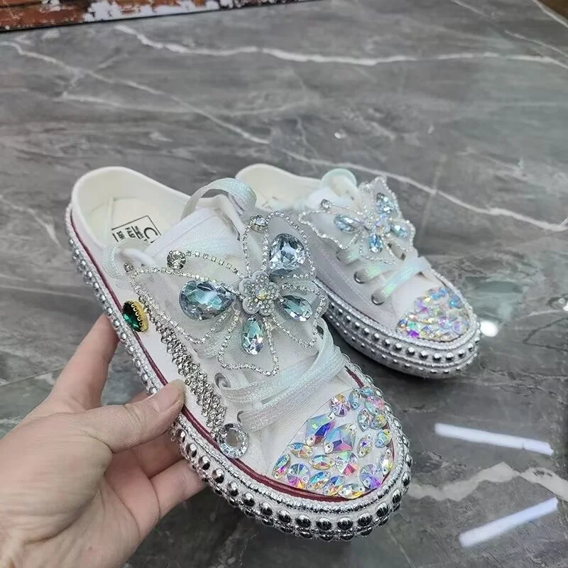 

Colorful rhinestones hand custom low top canvas shoes riveted silver rhinestones all walks casual women 35-40