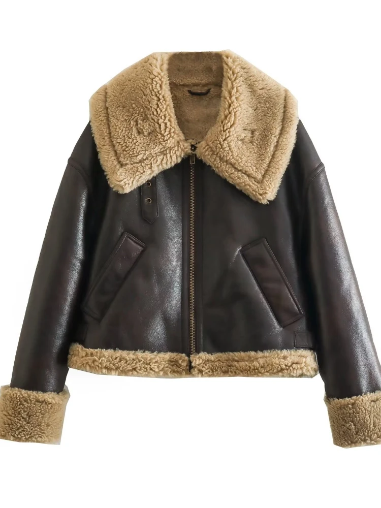 

Aibeautyer New Casual Autumn Winter Belt Moto Biker Thick Warm Sheepskin Coat Outwear Streetwear Faux Lamb Leather Fur Jacket