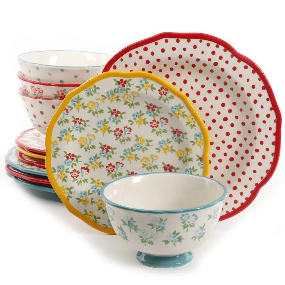 

The Pioneer Woman Timeless Floral & Retro Dot 12-Piece Dinnerware Set, Dinner Set Plates and Dishes