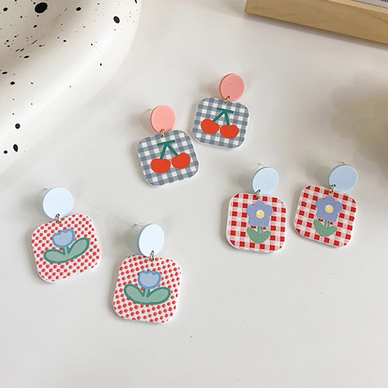 

Женские акриловые серьги-гвоздики, большие квадратные серьги-гвоздики с цветами вишни, милые летние украшения для девочек-подростков, пода...