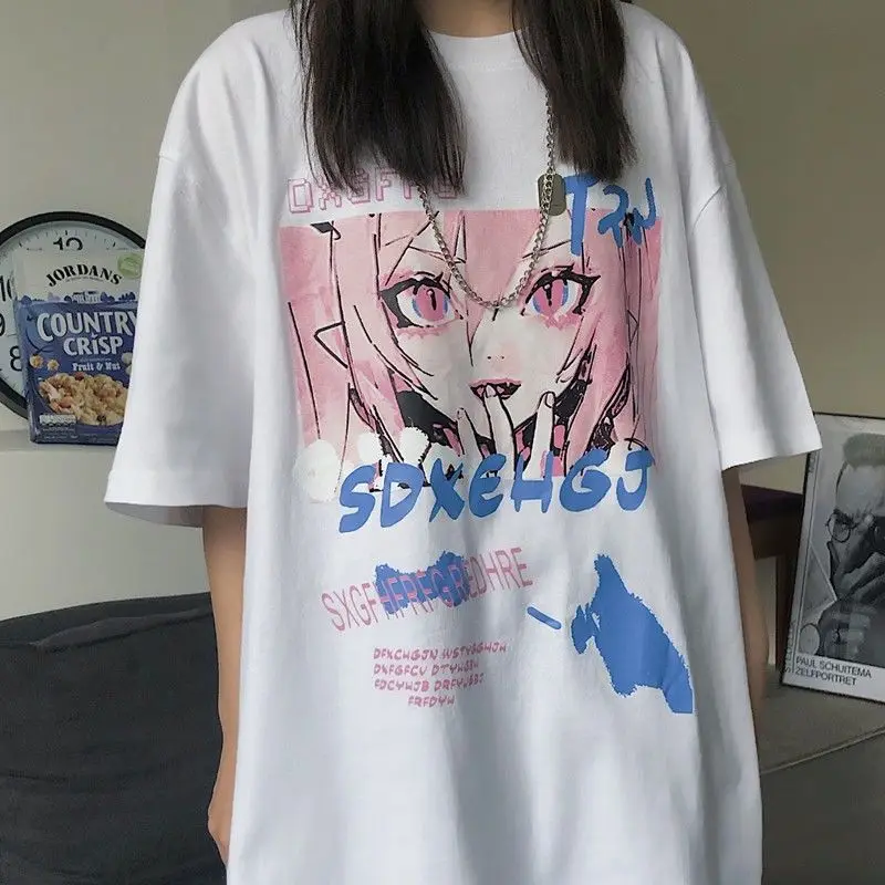 

MINGLIUSILI Kawaii аниме печать Harajuku футболка корейская мода оверсайз модная женская одежда 2022 футболки для женщин