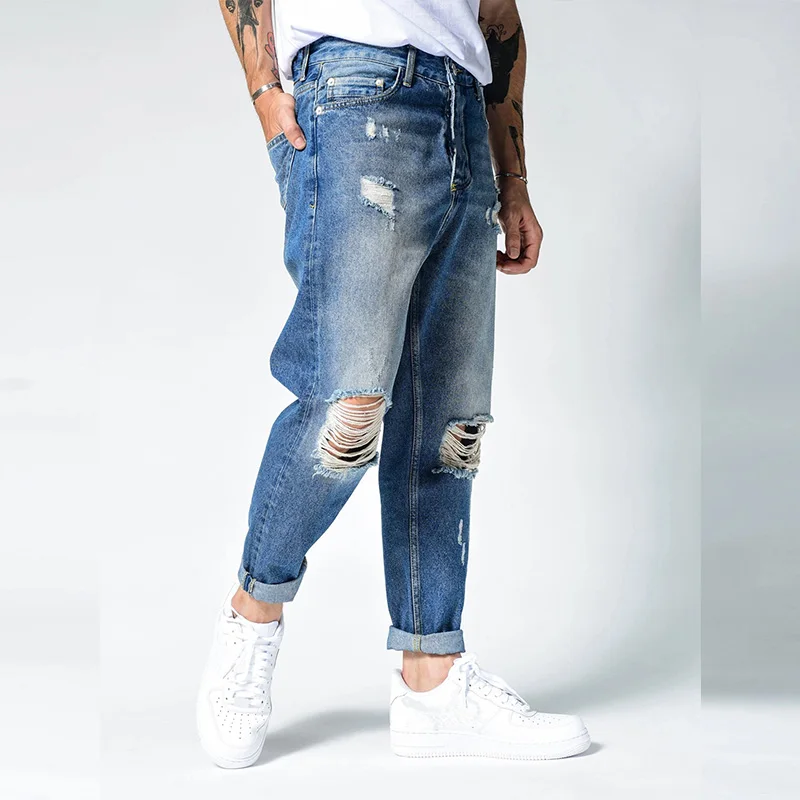 New Mens Jeans Straight Trend Hole Blue Slim Jeans Streetwear Men Solid Color Full Length Denim Pants Casual Trousers