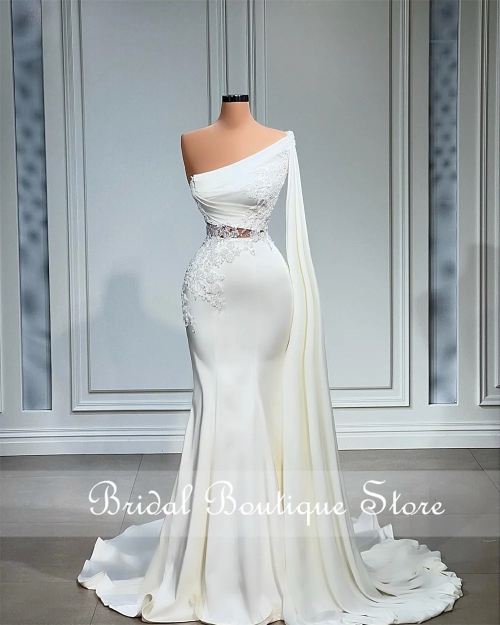 

Luxury One Shoulder Wedding dress White Lace Appliques Beads Robe De Mariage Bridal Dress Custom Made