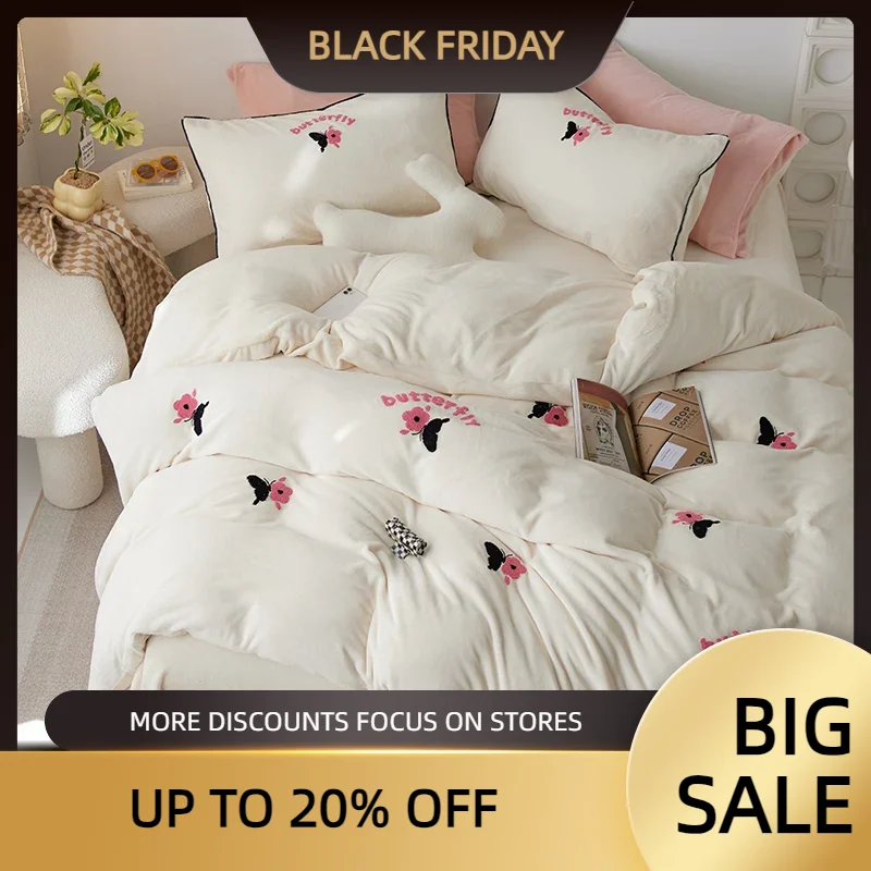 

Winter New High Weight Milk Flour Cartoon Towel Embroidery Set of Four, Thickened and Warm Bed Sheet Set of Three