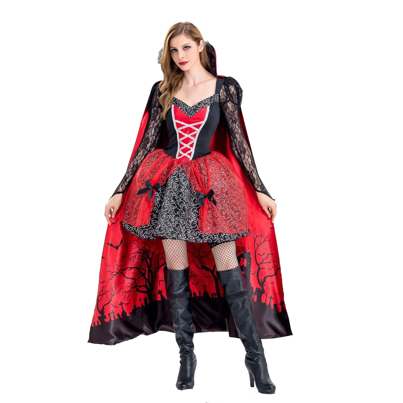 

Ladies Vampire Cosplay Costume Halloween Party Outfit Carnival Mini Dress Set With Cape Woman Holiday Sexy Lace Show Clothing