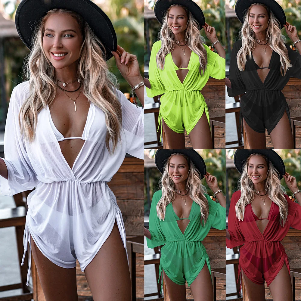 

Summer Hot White Lace Up Corset Lady Bikini Swimsuit Sexy Halter Bra And Coat 3 Piece Set For Women See Through Bathing Suit