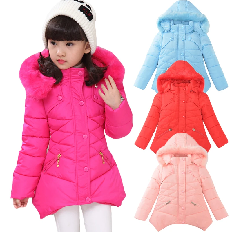 

2022 New Grid Trace Design Thick Warm Teenager Girls Jacket Thick Fur Collar Hooded Outerwear For Kids Children Birthday Present