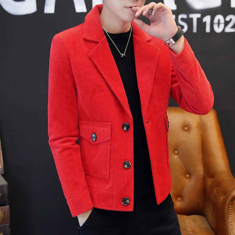 

2023Fine men's suit with cashmere and thick Korean casual wool small suit autumn and winter single west warm short trench coat