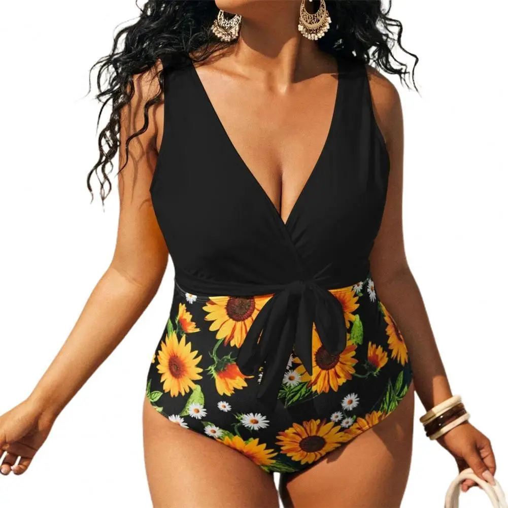 

Women Swimsuit Deep V-neck Bandage Sexy Bikini One Piece Women Sunflower Print Stitching Monokini Swimwear купальник женск