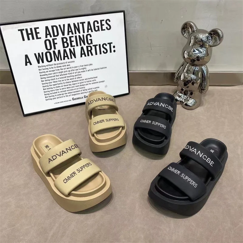 Summer 2023 Chunky Sandals Women's Thick Bottom Wedge Heels Slides 8CM High Heels Platform Leather Casual Beach Flip Flops Woman