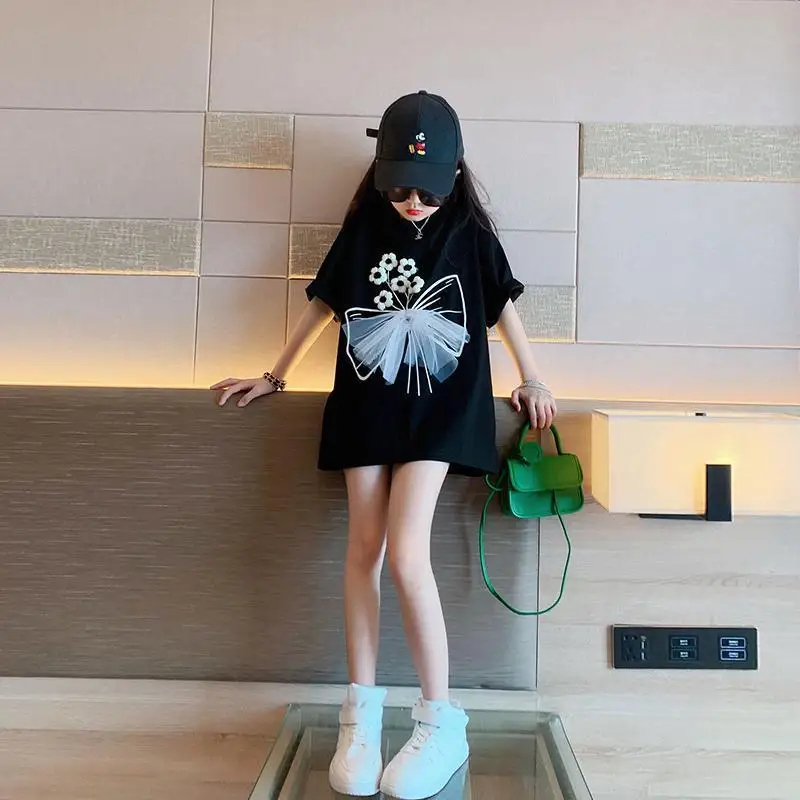 

New Junior Girls Daily Casual Dress Summer Children Korean T-shirt Dress Cartoon Loose Tops Mid-Length 3-12Y