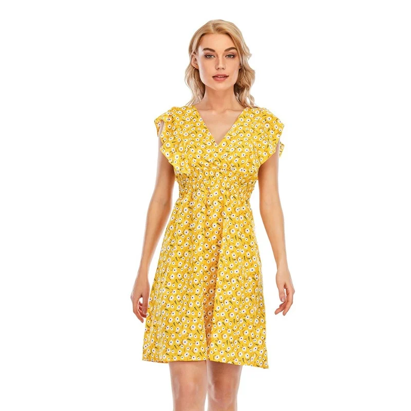 

2022 Summer New V-neck Chiffon Print Ruffle Sleeveless Dress Beach Skirt Dresses Vestido Feminino Undefined