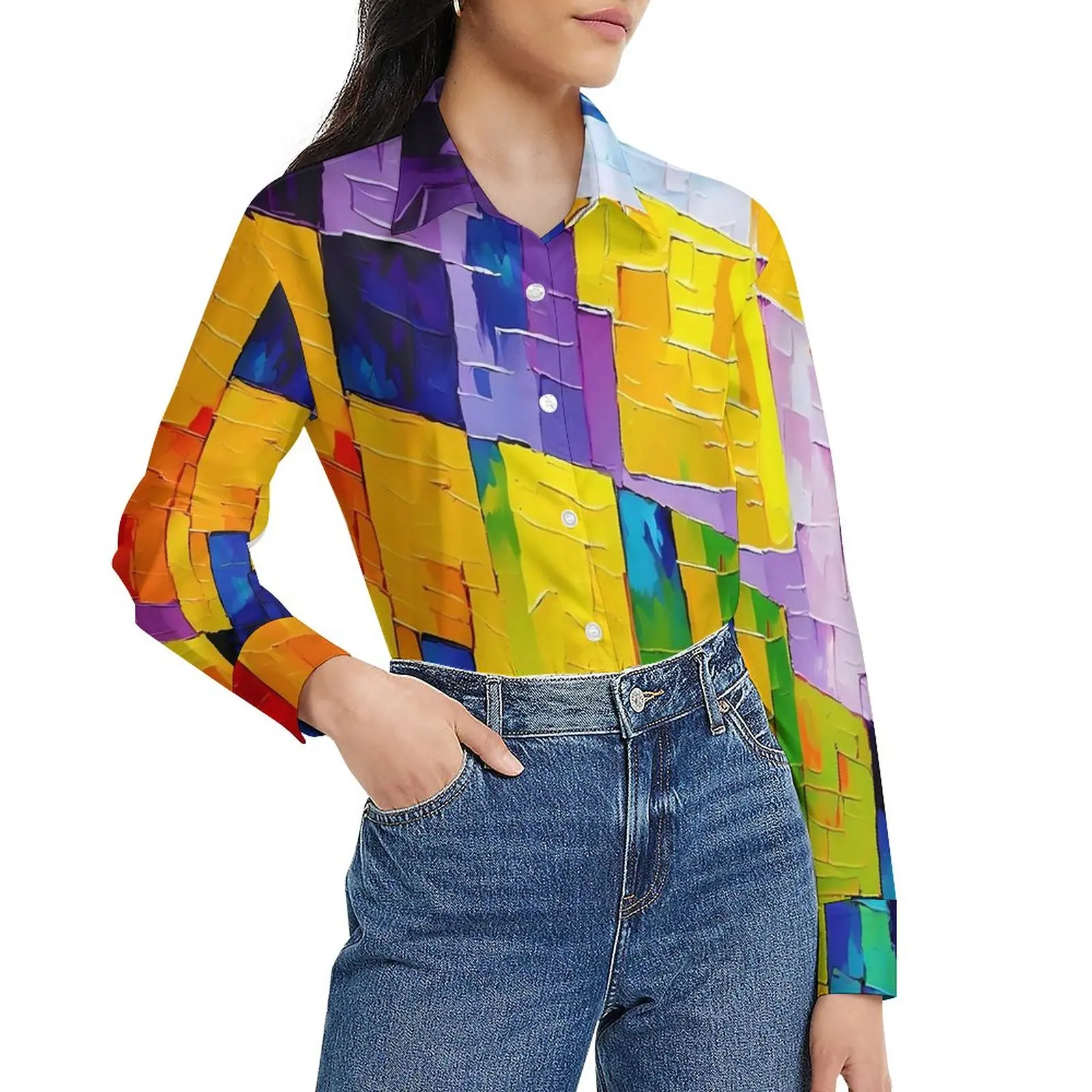 

Brush Print Blouse Abstract Geometric Funny Custom Blouses Women Long-Sleeve Street Style Shirts Spring Oversized Top