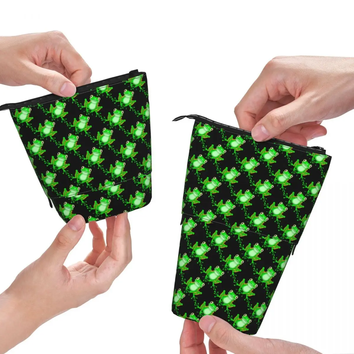 

Green Funny Frog Fold Pencil Case Cute Animal Print Elementary School Simple Standing Pencil Box For Teens Pen Pouch