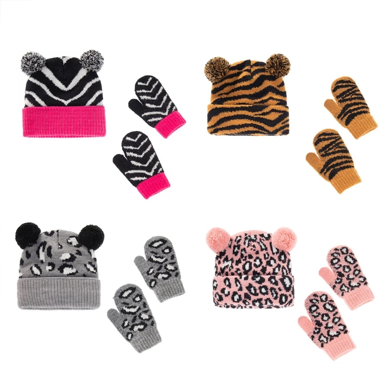 

Newborn Hat Gloves Leopard Print Toddler Boys Girls Knitted Pom poms Beanie