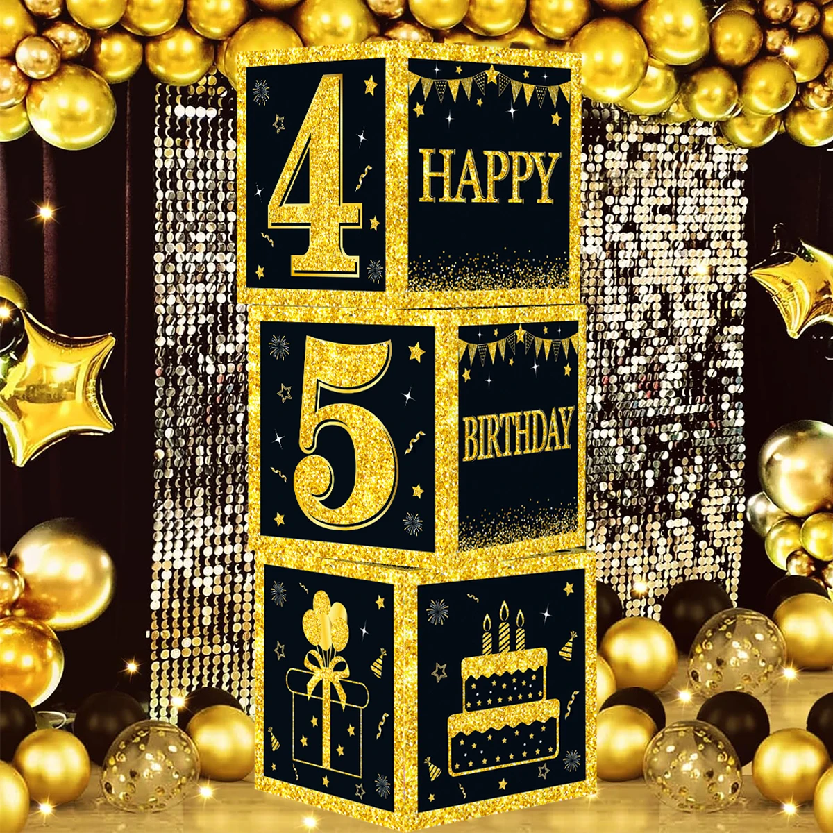 Фото Черное золото Коробка для фигурок на день рождения Happy 18, 30, 40, 50 лет, украшение для дня рождения для детей и взрослых, коробка с номером №5