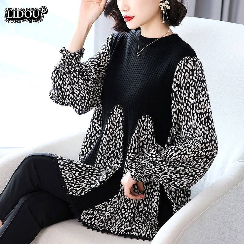 

Casual Patchwork Korean Trend Popularity Leisure Women's Clothing Spring Autumn T-Shirts Loose O-neck Long Sleeved Polka Dot Top